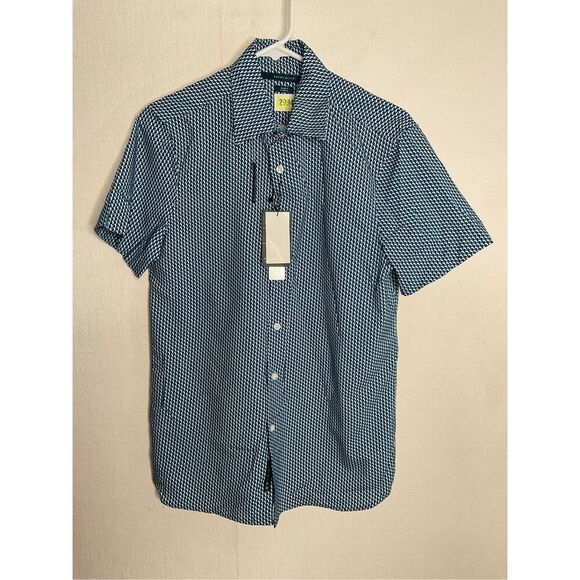 NWT Perry Ellis Button Shirt Mens SP Blue‎ Geometric Short Sleeve Travel Luxe - Picture 1 of 12